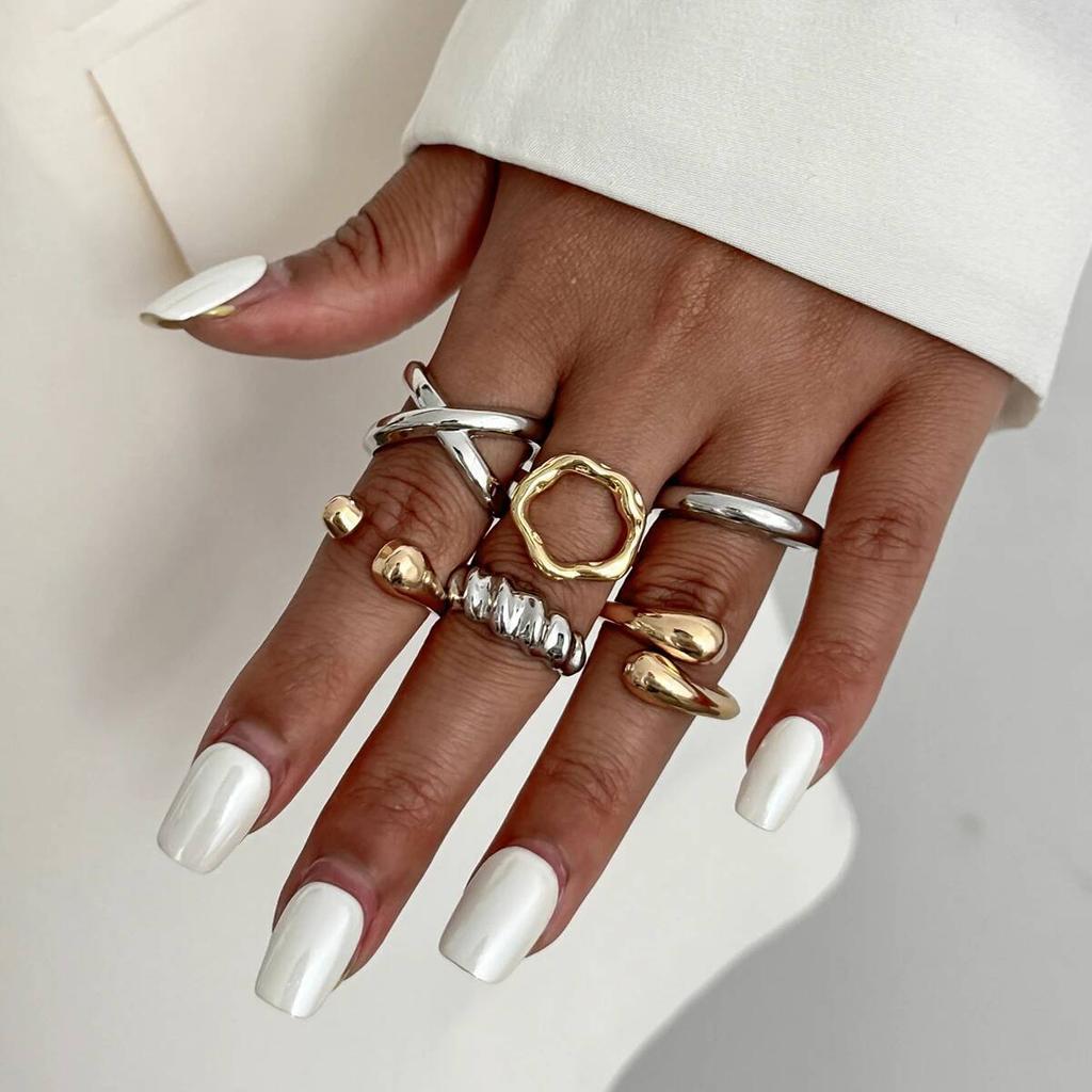 Salircon 6Pcs/Set Punk Creative Irregular Mixed Color Open Rings for Women Trendy Adjustable Drop Rings Jewelry Accessories Gift
