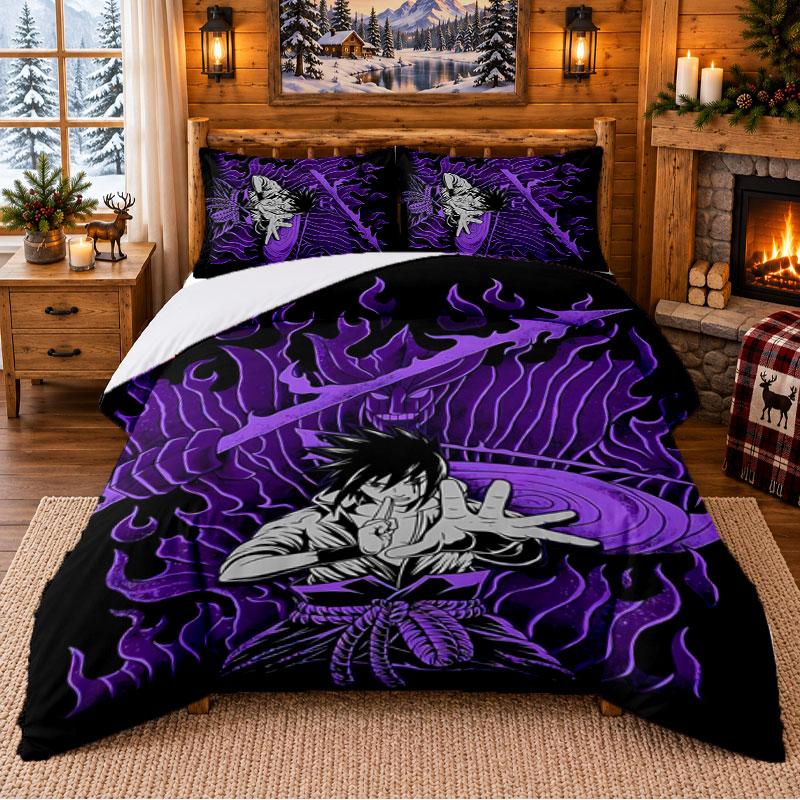 Sasuke Uchiha Pattern Bedding 3Pcs Set Bed Sheet And Pillowcases For Indoor Bedroom