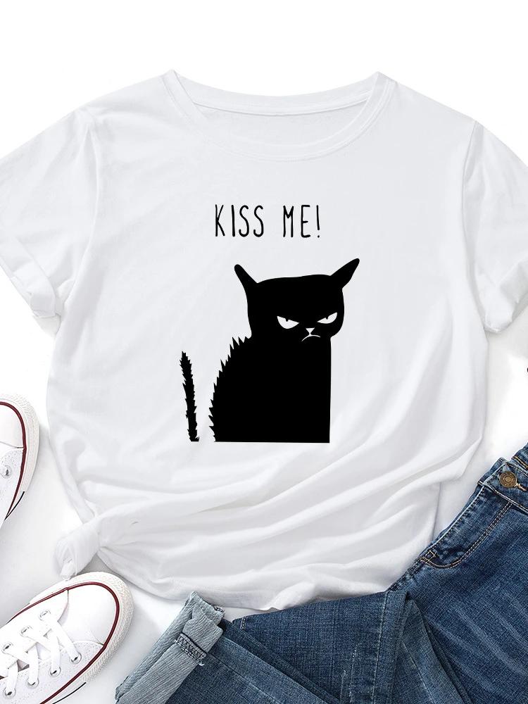 Футболка с принтом «Черная кошка» Kiss Me, женская, с коротким рукавом и круглым вырезом, свободная, летняя, женская, повседневная, футболка, топы, Camisetas Mujer