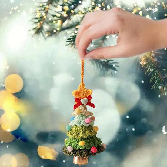 Knitted Christmas Tree Ornaments Mini Crochet Christmas Tree Hanging Pendant with Gold Jingle Bell for Holiday Home Party Decoration
