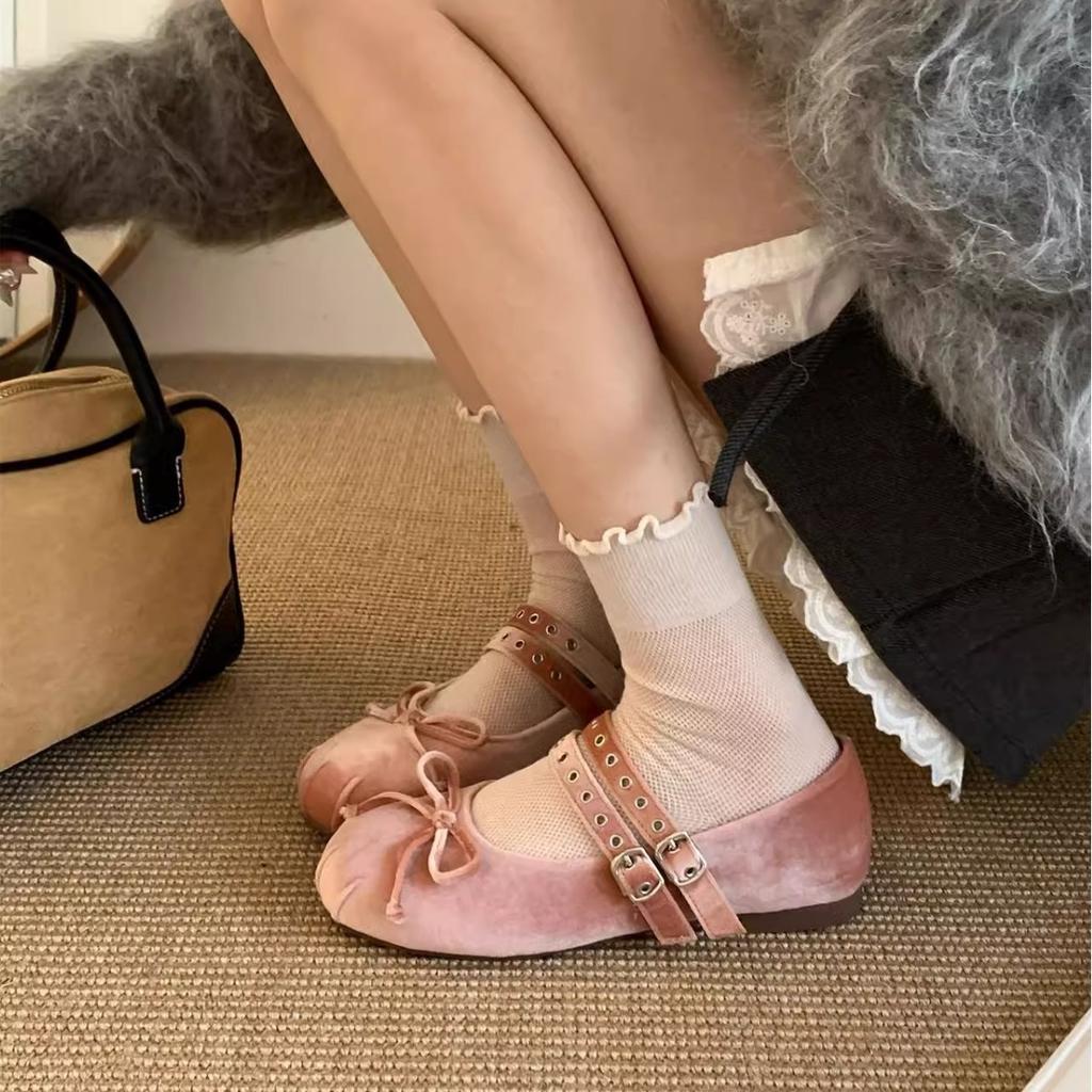 Princess On the Run~ French Soft-soled Velvet with Mary Jane Shoes Women's Early Spring Festival Fairy Bow Single Shoes