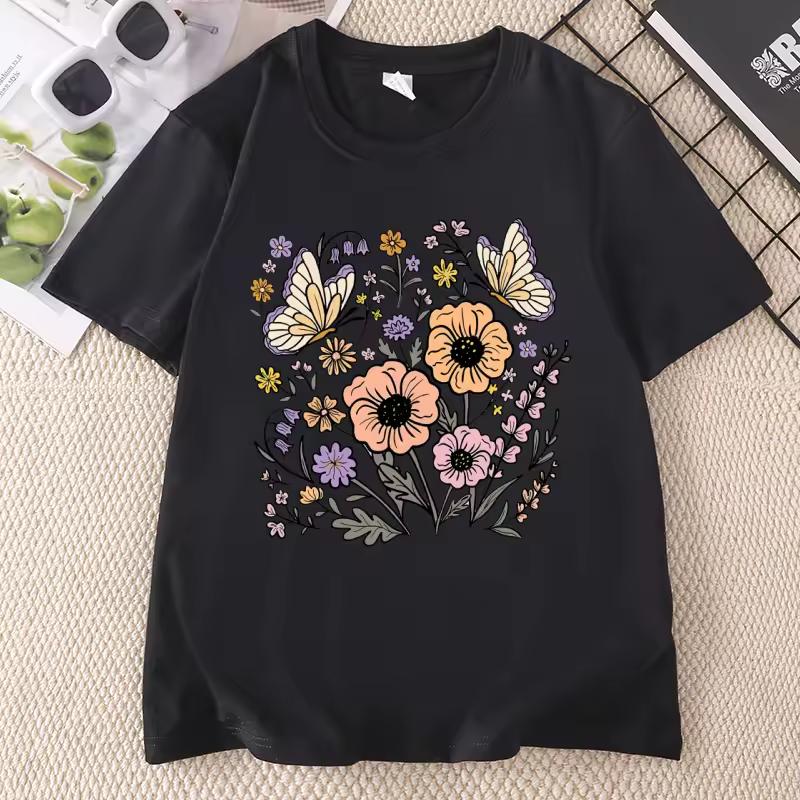 Boho Flowers T-Shirt women men casual cotton short sleeve Butterflies Flowers tshirt unisex streetwear round neck tees