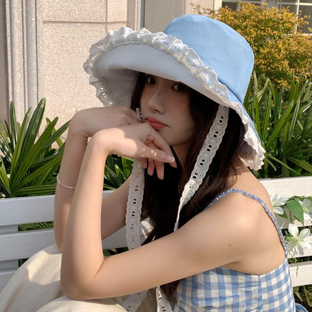 Sweet Cowboy Fisherman Hat French Style Women's Sun Hat Sunscreen Lace Ribbon Hat Girls