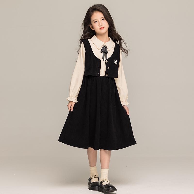 Платье принцессы в стиле вестерн с длинными рукавами для девочек, имитация двух частей, облегающий крой, студенческий стиль, весна 2025 г.