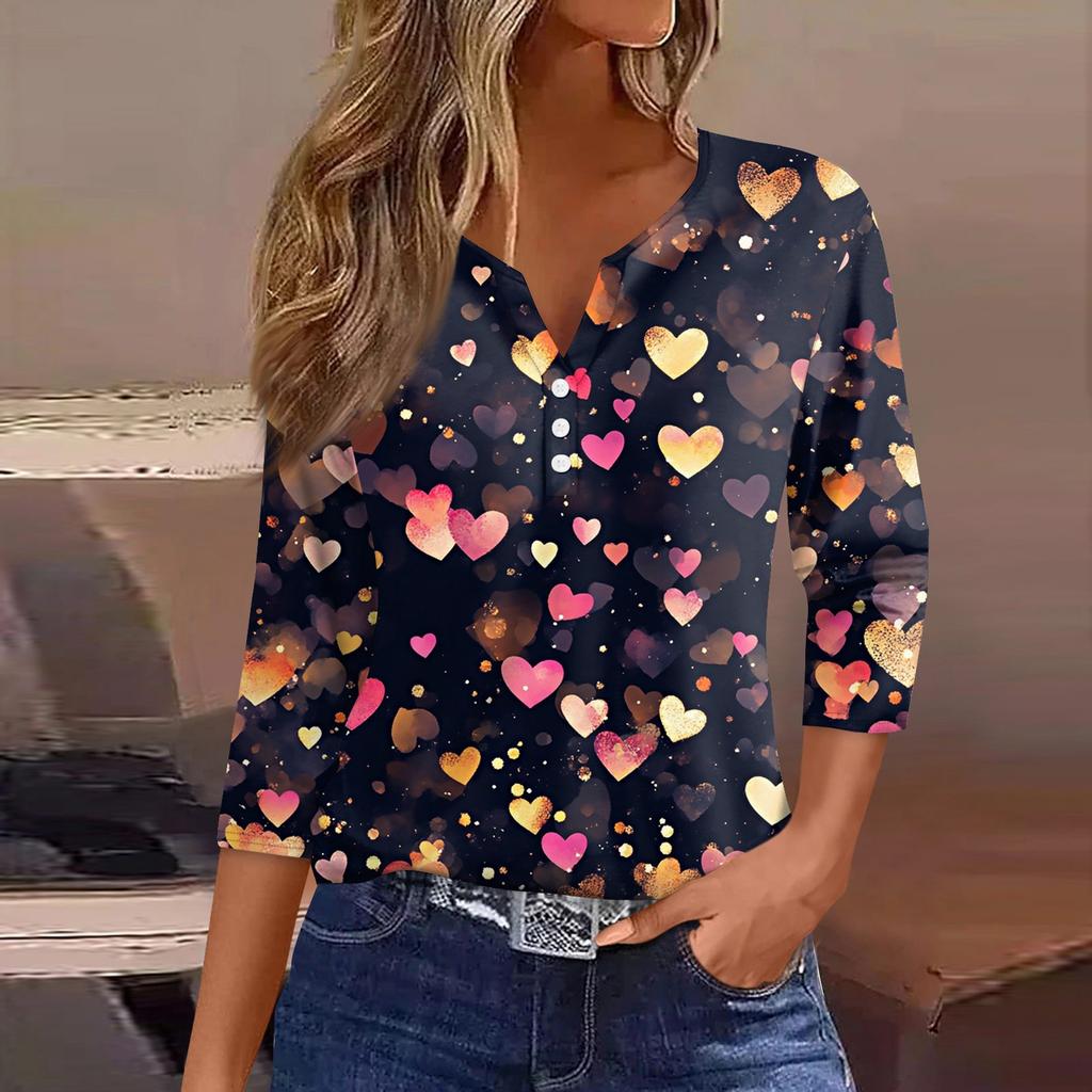 Женская футболка с принтом ко Дню святого Валентина, на пуговицах, рукав 3/4, туника, повседневная мода на выходные, базовый топ с V-образным вырезом