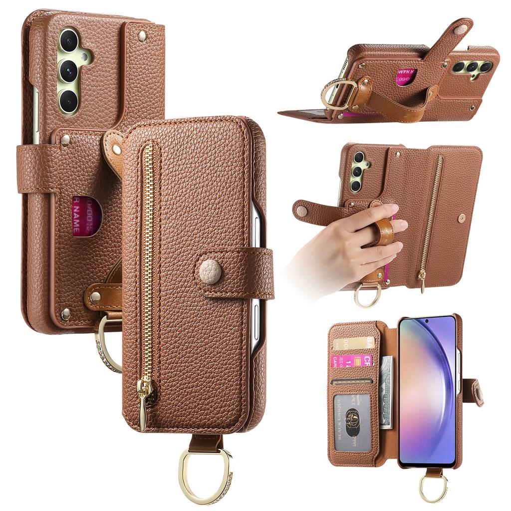 Кожаный чехол-кошелек 3-в-1 для Samsung A13/A14/A15/A17...S21/S22/S23...Противоударный + Подставка + RFID-защита | Кольцо с кристаллами и слоты для карт
