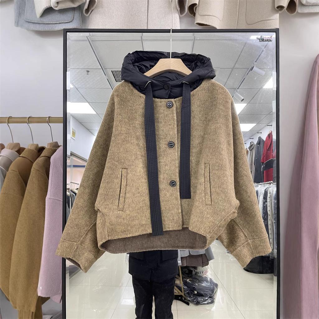 Весенне-осенняя новая шерстяная куртка Двустороннее шерстяное пальто С капюшоном Рукав летучая мышь Короткая куртка с капюшоном женская