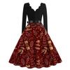 Ladies Casual Fashion V-Neck Long Sleeve Christmas Print Vintage Dress