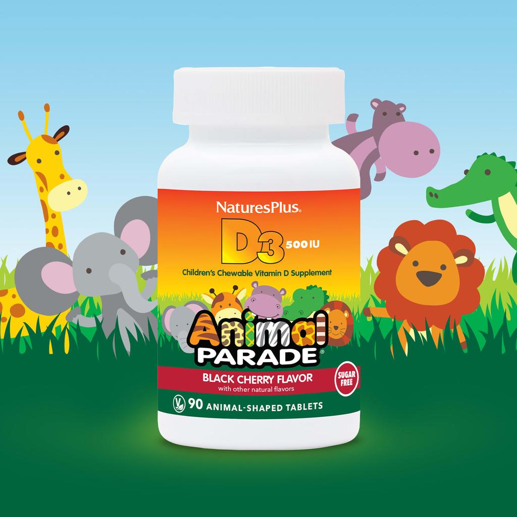 NaturesPlus, Источник жизни, Animal Parade, Витамин D3, без сахара, натуральная черная вишня, 12,5 мкг (500 МЕ), 90 таблеток в форме животных