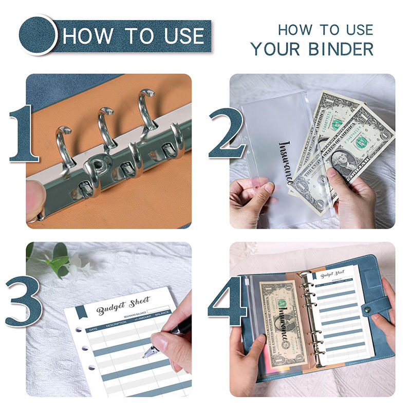 Soft PU Leather Notebook Binder Budget Planner Binder Cover with Binder Pocket Cash Envelopes Travel A6 Loose-leaf Bill Buget Sheets