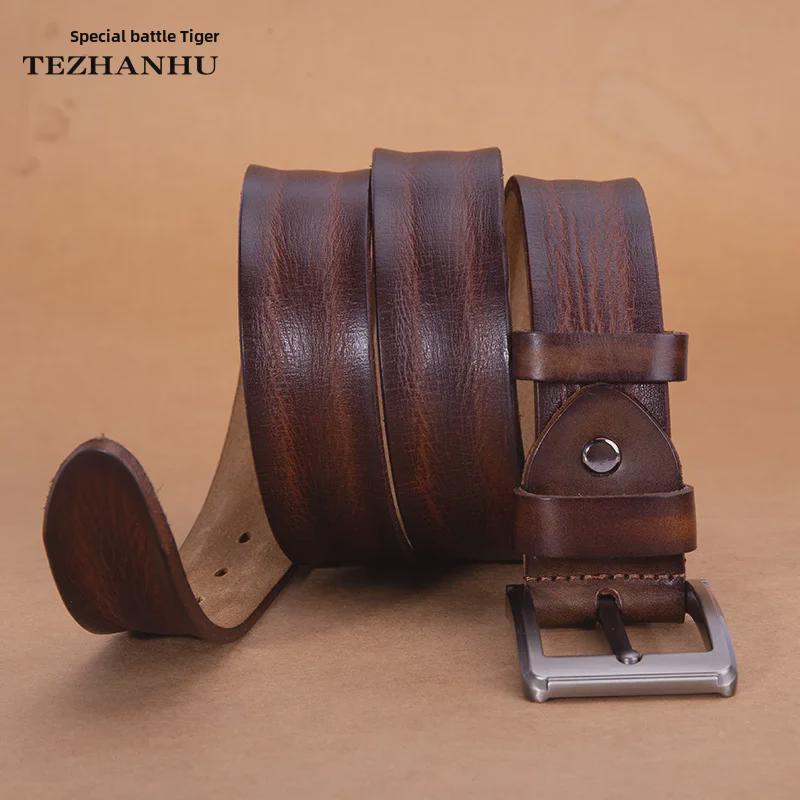 Мужской ремень из натуральной кожи - первый слой коровьей кожи, растительное дубление, ретро-деловой стиль, подарочный вариант