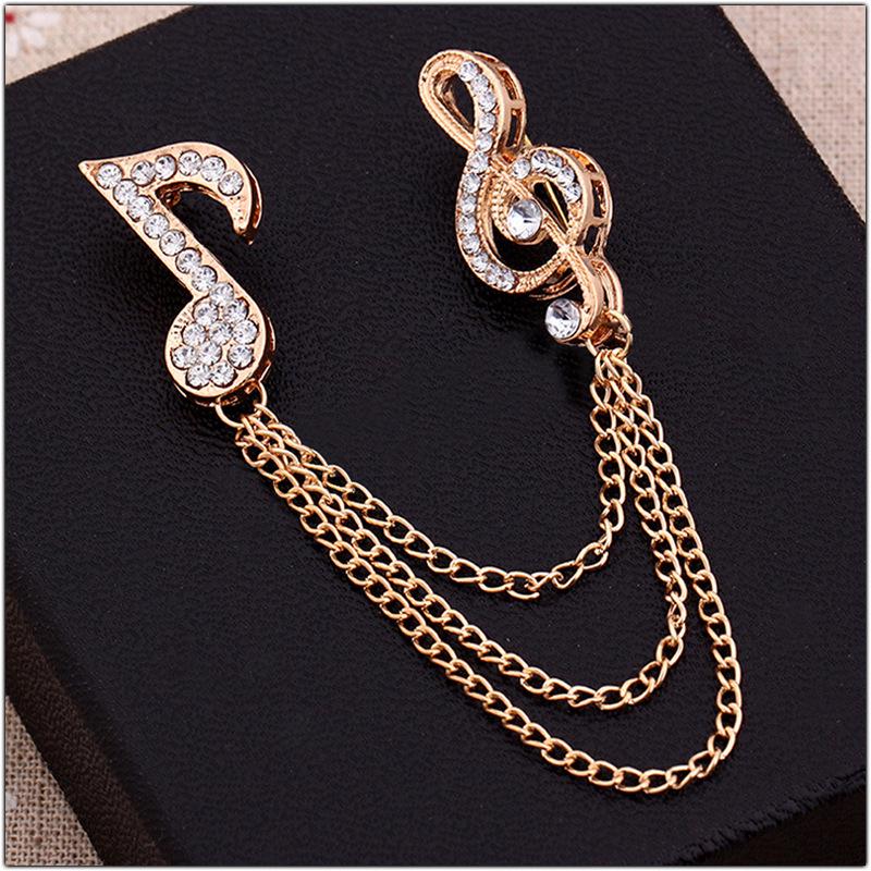Elegant Rhinestone Music Note Brooch with Tassel Chain - Crystal Lapel Pin Accessory