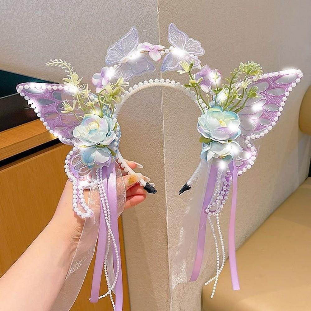 Silk Ribbon Butterfly Flowers Hairband Pearl Beads Decorative Headwear Floral Headwear Women Wear