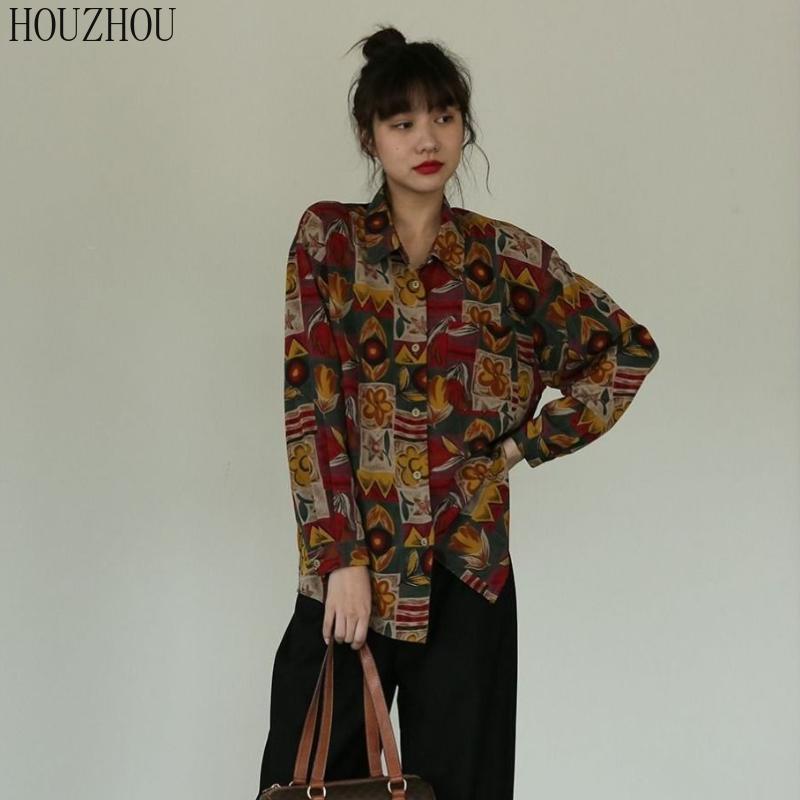 HOUZHOU Printed Blouses Women Loose Vintage Elegant Chic Casual Ins Oversized