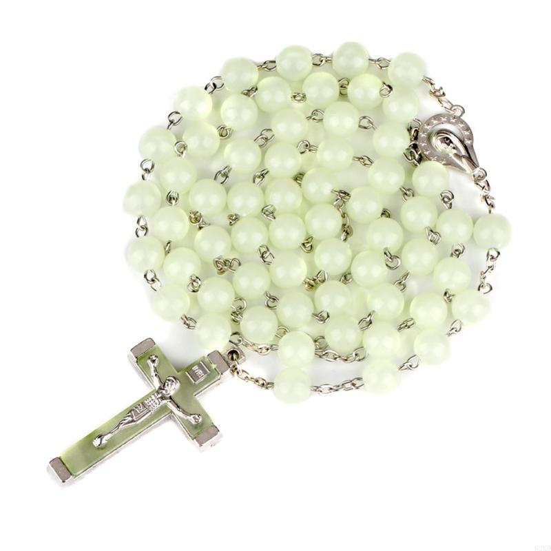 62KD 8mm Glow Rosary Necklace Jesus Christ for Cross Pendant Noctilucent Long Chain Catholicism Fashion Jewelry