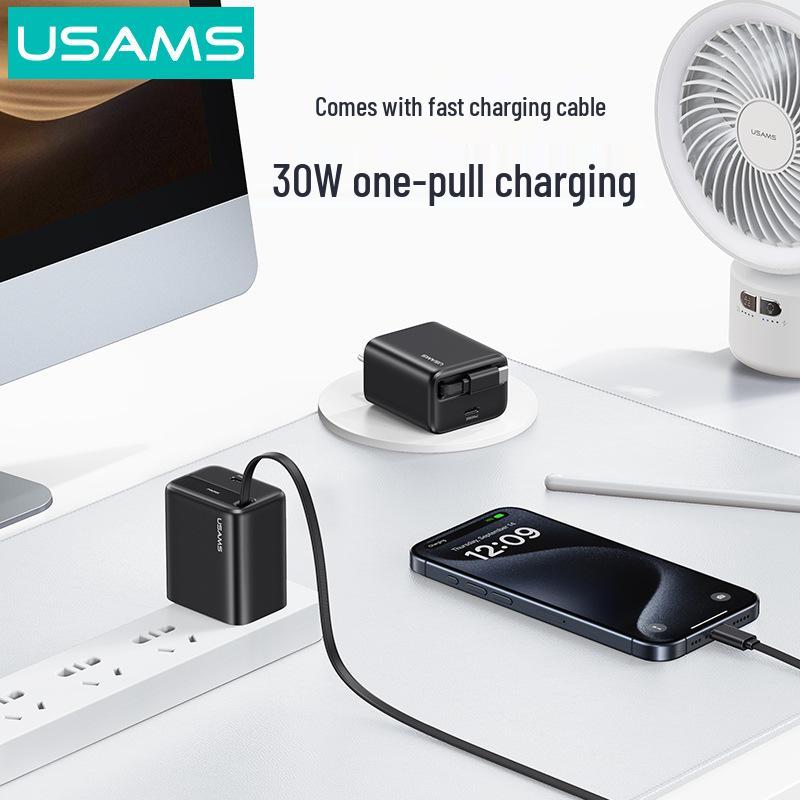 USAMS 30 Вт GaN Выдвижной Компактный Быстрое Зарядное Устройство для Apple и Android (Совместимость с ЕС/Великобританией)
