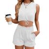 Summer Solid Colour Round Neck Vest Tank Top Drawstring Pocket Shorts Set for Women