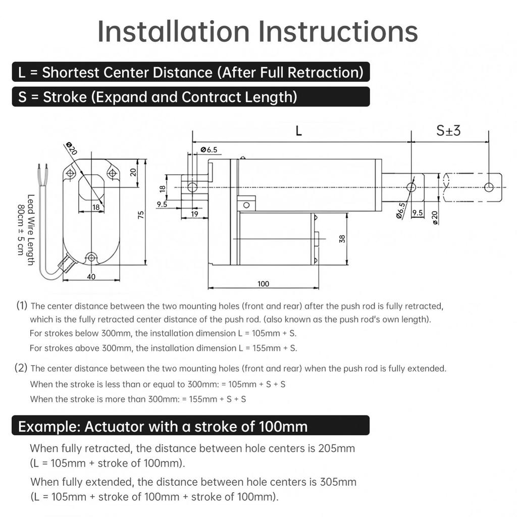 DC 12V Linear Actuator 14mm/s 50-400mm Stroke 1000N/220lb Electric DC Motor Linear Motion Actuator with Mounting Bracket