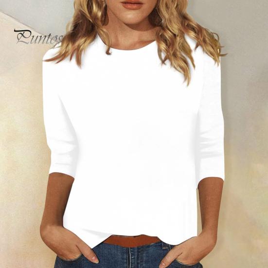 Women Casual T-shirt O-neck 3/4 Sleeve Pullover Tops Solid Color Slim Fit Tunic Tops Stretchy Tee Shirt Streetwear
