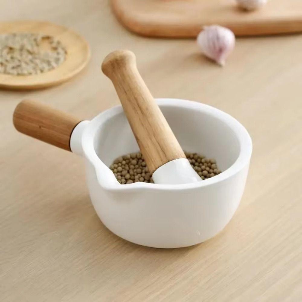 1pc Ceramic Mortar and Pestle with Wooden Handle Sturdy, Efficient Grinder for Seasoning, Spices, and Herbs Comfortable Grip, Wear Resistant Design