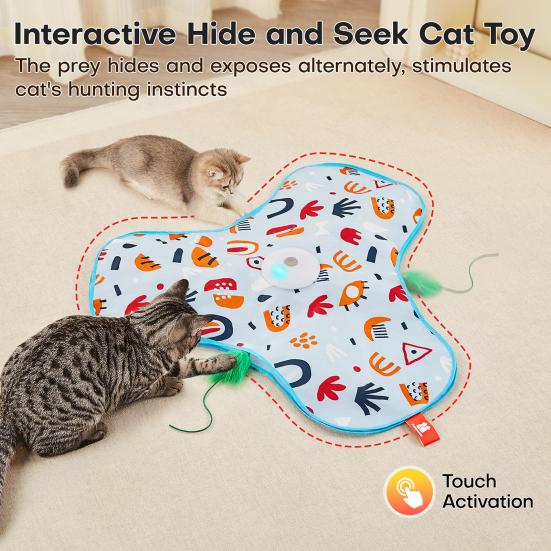Hide And Seek Interactive Cat Toy Touch Activated Simulated Hunting Game with Moving Concealed Feather And Mouse Squeaky for Indoor Bored Adult Cats