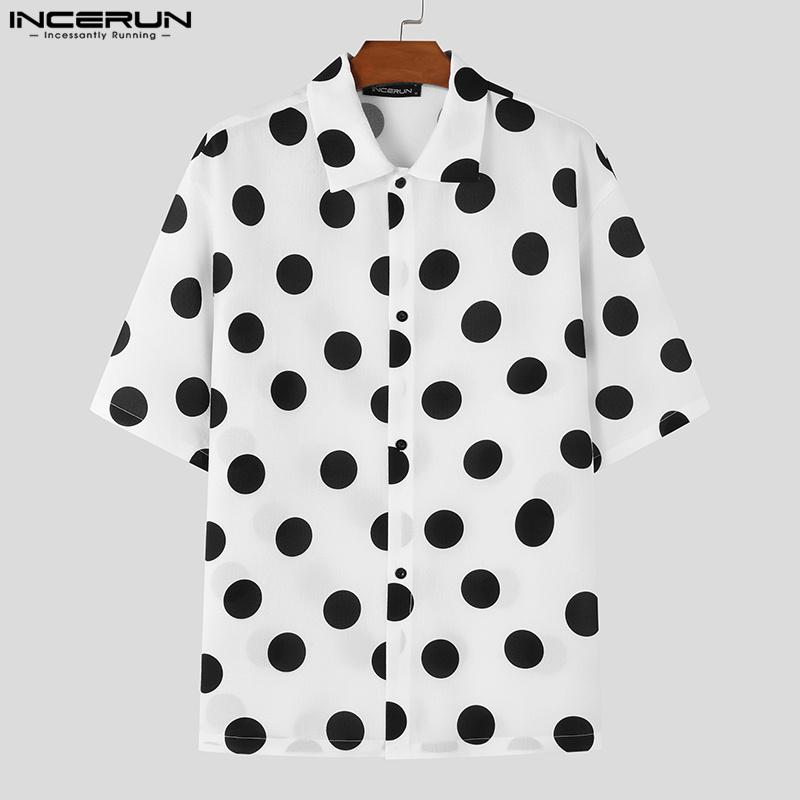 INCERUN Мужские рубашки с отложным воротником и коротким рукавом в горошек, повседневные свободные топы