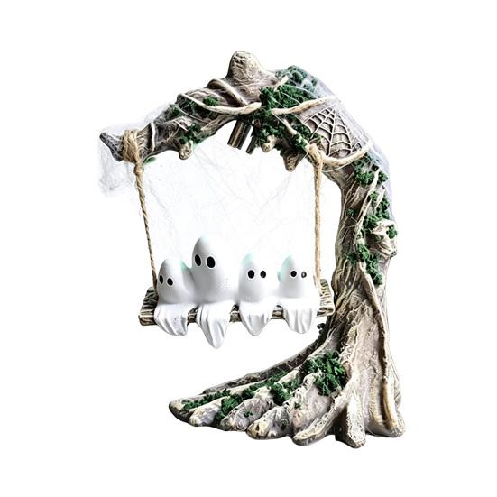 Glow in The Dark Garden Statue Glowing Ghost on Swing Resin Yard Decor, Weatherproof Halloween Outdoor Ornament with Decorative Party Crafts