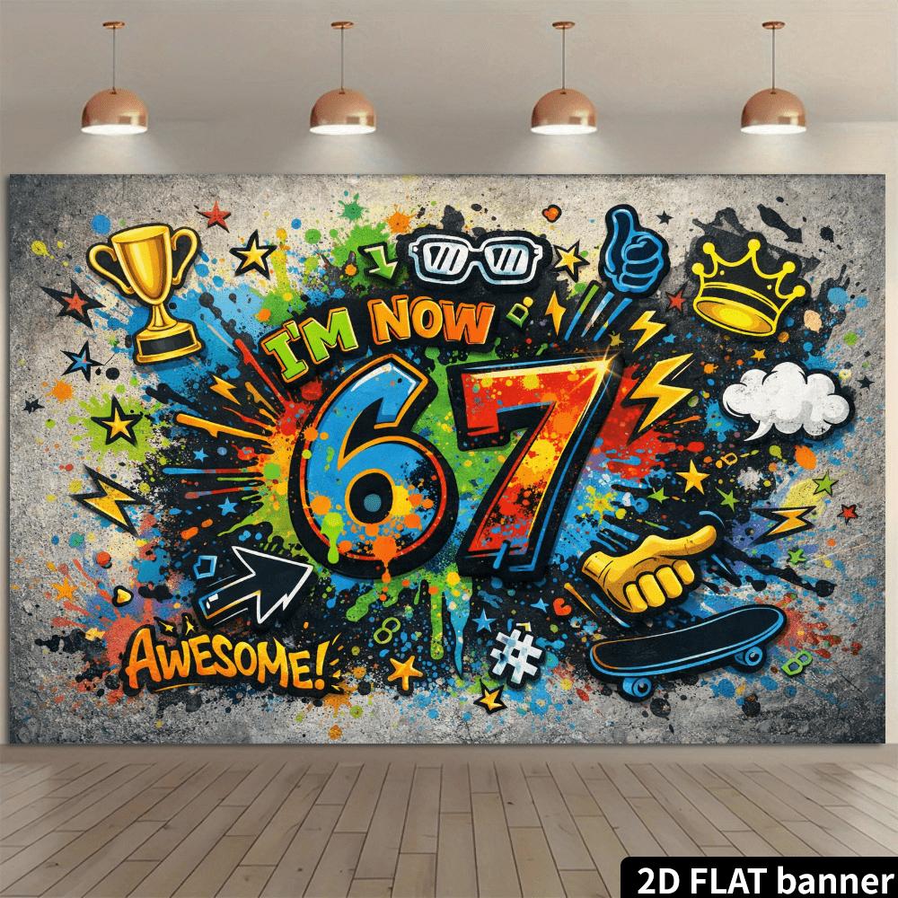 2D plane retro cement wall, 67th birthday background cloth. Hip graffiti and cement wall design, integrating the number 67.