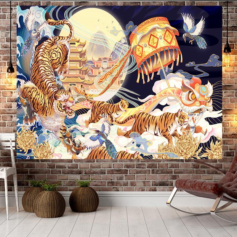 Большой гобелен в китайском стиле в стиле тигра, настенный гобелен с геометрическим рисунком, гобелен в стиле хиппи, домашний декор, эстетическое украшение