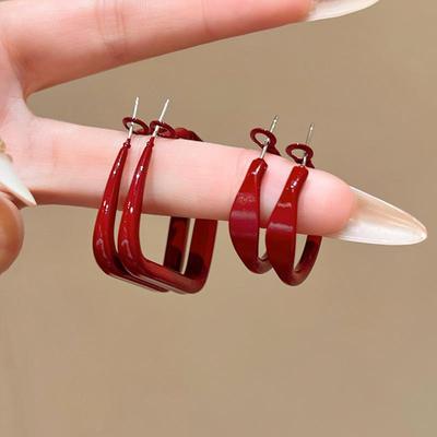 Серьги Ankola Red Geometric: Европейский и американский стиль, преувеличенный дизайн, ретро-мода Гонконга для женщин
