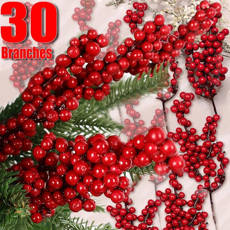 1/30 Branches Dense Berries Artificial Flowers Bouquet Red Holly Berry Stamen Plants Xmas Tree Christmas Party Home Decor