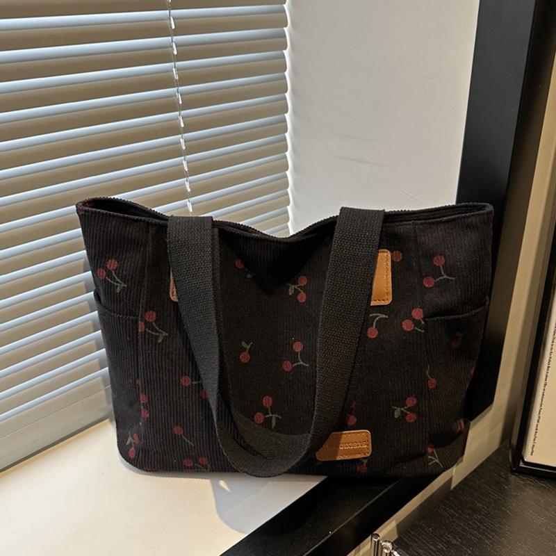 Вельветовая сумка-тоут Милая сумка с нашивкой в виде вишни для женщин Тканевая сумка-тоут большой вместимости Сумка на плечо Повседневные сумки под мышкой CLE