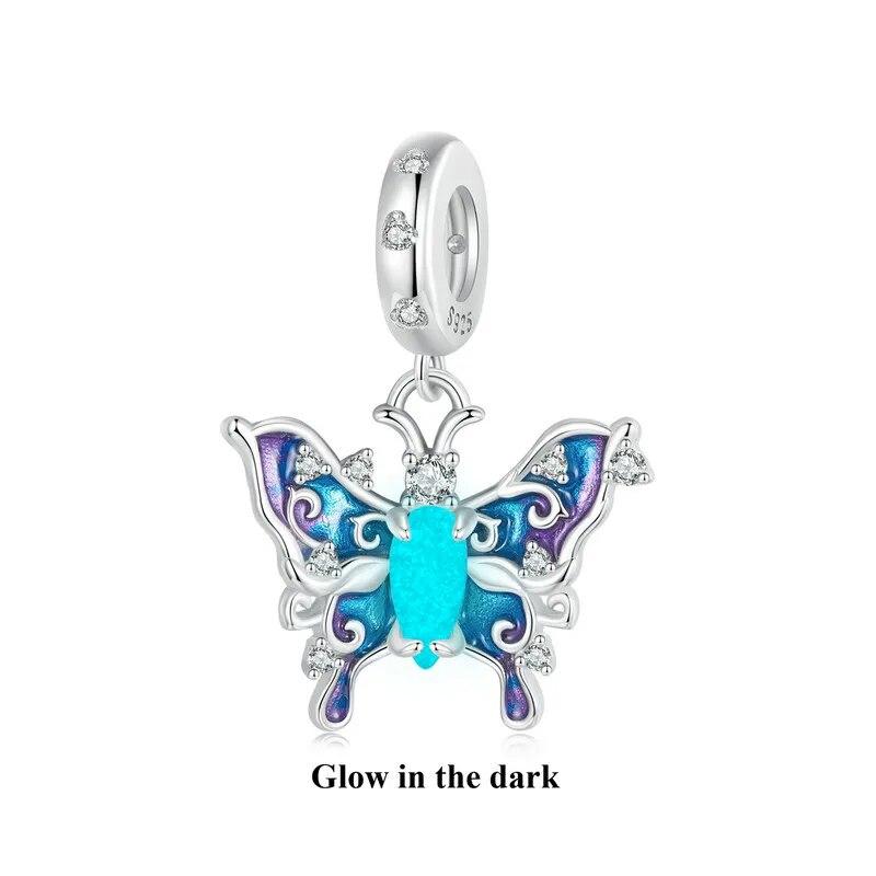 Bamoer 925 Sterling Silver Luminous Butterfly Beads Rainbow Enamel Insect Pendant Charms for Women Bracelet DIY Accessories