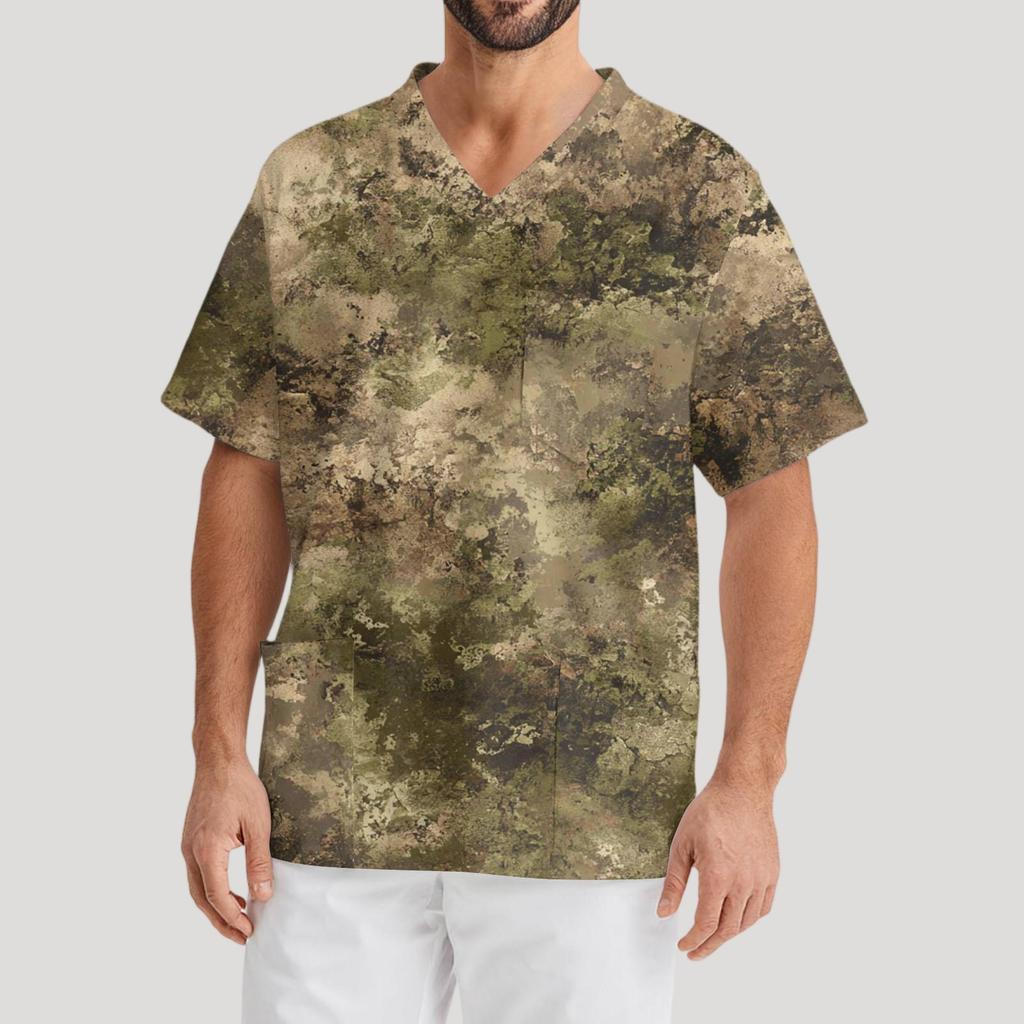 Мужская рабочая блузка с короткими рукавами и v-образным вырезом с принтом, топ с нагрудным карманом