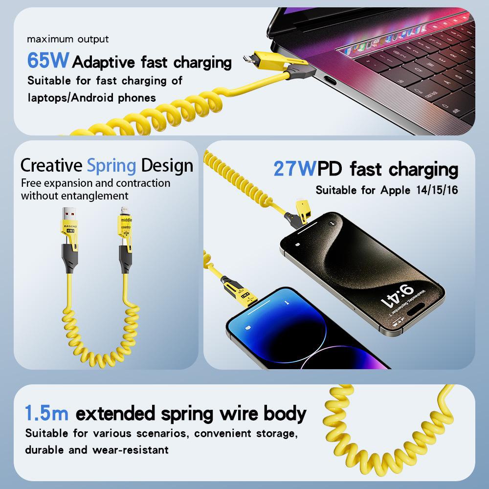 80W Dual Magic Spring Telescopic 4-in-1 Data Cable: 65W + 27W for Apple & Huawei.