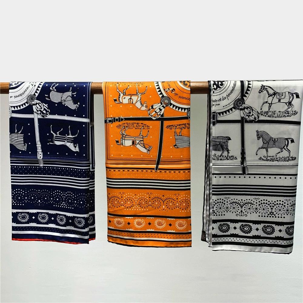 90CM Square Manual Hand Rolled Twill Silk Scarf Women Plaid Horse Design Scarves Bandana Hijabs For Holiday