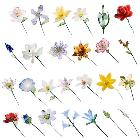 Hand-Blown Glass Flower Decoration with Wire Stem Handmade Colored Glaze Floral Figurine Home Living Room Office Table Flower Vase Ornament