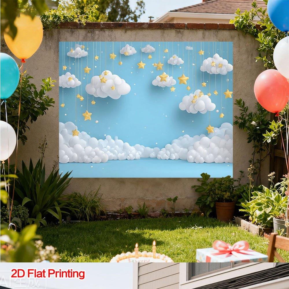 A 2D flat printed dreamy sky background with stars, made of polyester fabric.