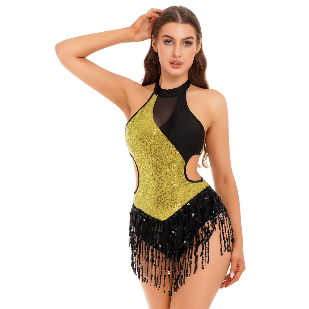 Womens Latin Dance Costume Sparkling Sequin Color Block Patchwork Bodysuit Sleeveless Fringed Leotard