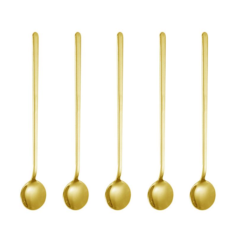 5Pcs 17.3cm Round Spoon Long Handle Stainless Steel Coffee Spoon, Gold (BPA Free, No FDA)