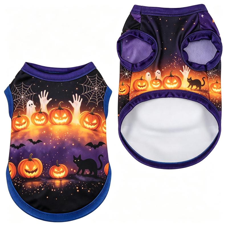Pet Dog Vest Purple Castle Bat Pumpkin Print Breathable Sleeveless Shirt for Small Medium Dogs Spooky Halloween Party Wear