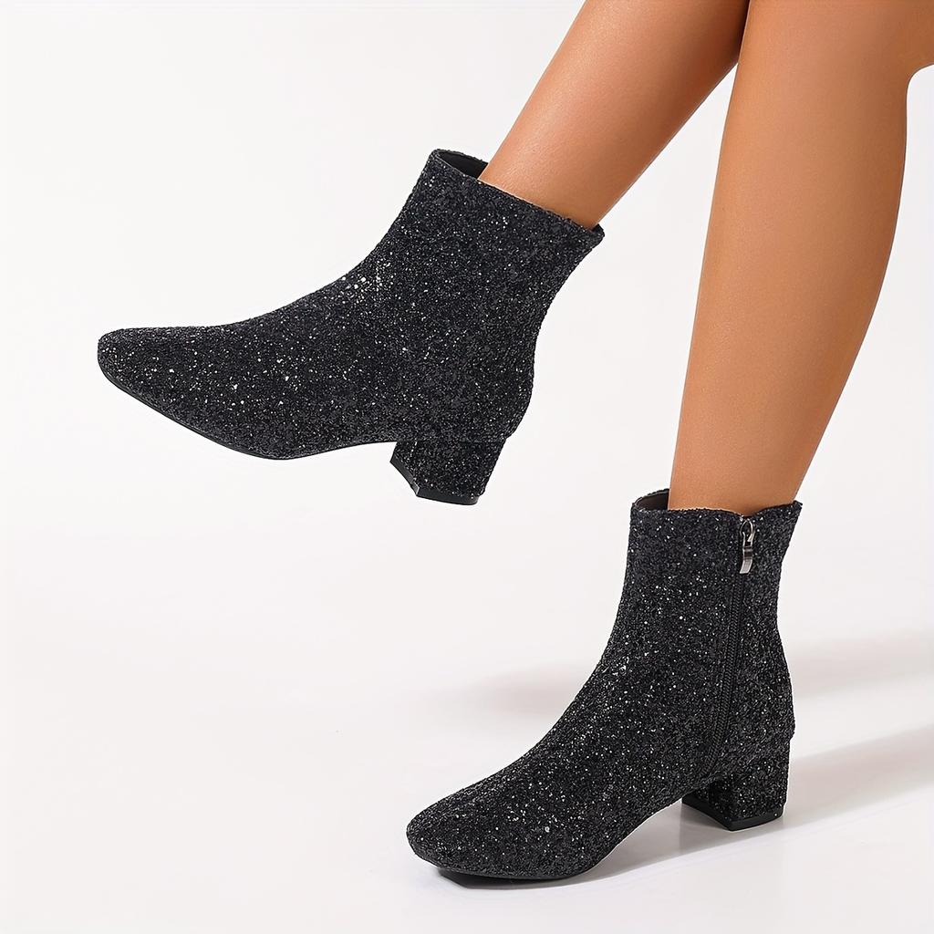 Женские ботинки Chelsea Sequins Sequins, круглый носок, толстый каблук, мягкая стелька, элегантные шикарные короткие ботинки для осени и зимы