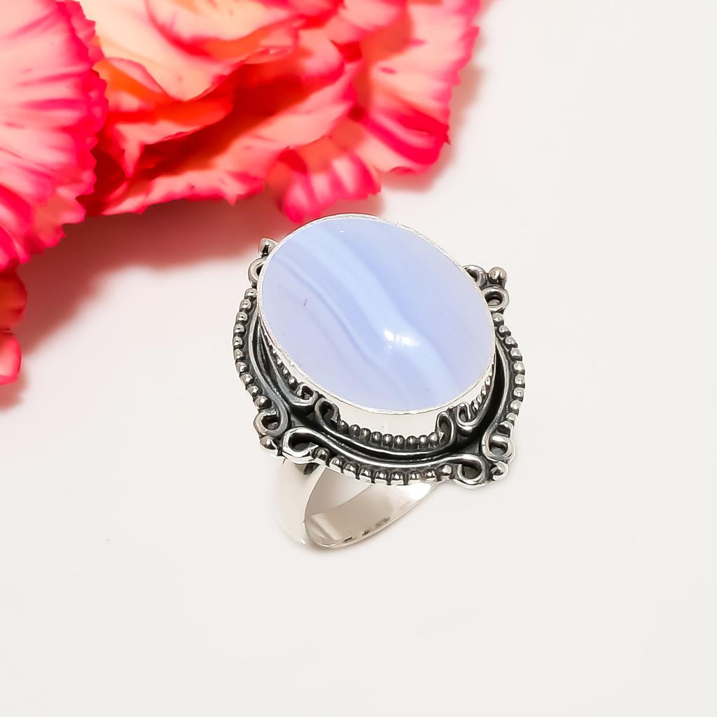Голубой кружевной агат - Намибия Кольцо из серебра 925 пробы V4557, Голубое кольцо, Овальное кольцо, Подарок на День святого Валентина, Подарок для нее, Подарок на день рождения, Украшения ручной работы, Si