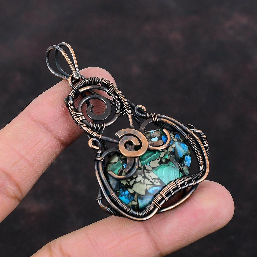Медный Кулон Азурит Малахит Кулон Обмотан Медной Проволокой Ювелирное Изделие из Драгоценного Камня Высшего Качества Подарок для Нее Кулон Ручной Работы Ювелирное Изделие из Медной Проволоки