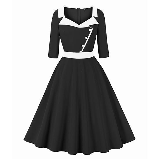 Весенний стиль, костюмный воротник, пэчворк, рукава три четверти, приталенный силуэт для подчеркивания фигуры, платье с широкой юбкой