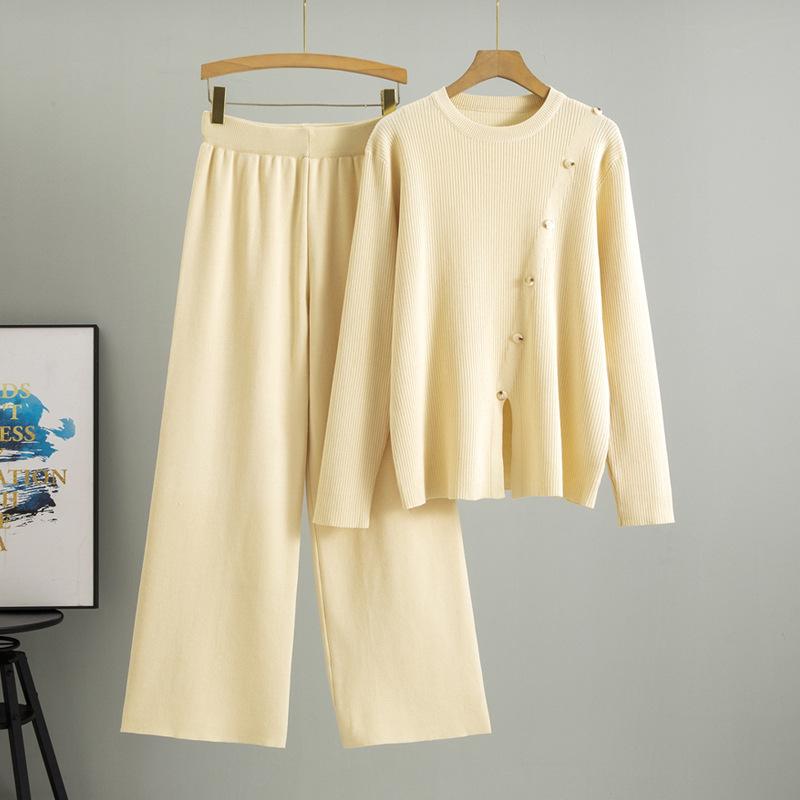 Plus Size Women's Spring New Fashion Knit Retro Casual Wide Leg Pants Two Piece Set