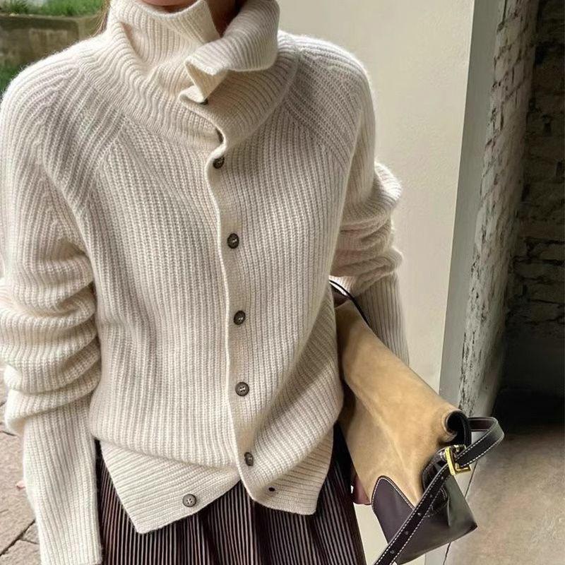 Lazy Style Vintage Big Lapel Knitted Cardigan for Woman Button-Up Stand Collar Jumpers Autumn Loose Comfy Soft Sweater Cardigans
