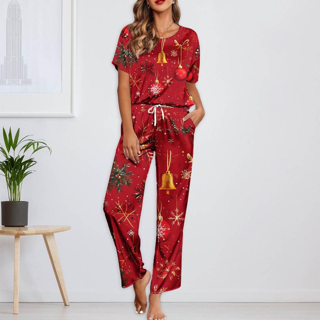 Женский шелковый атласный пижамный комплект с рождественским принтом, рубашка с коротким рукавом и длинные пижамные штаны, мягкая домашняя одежда