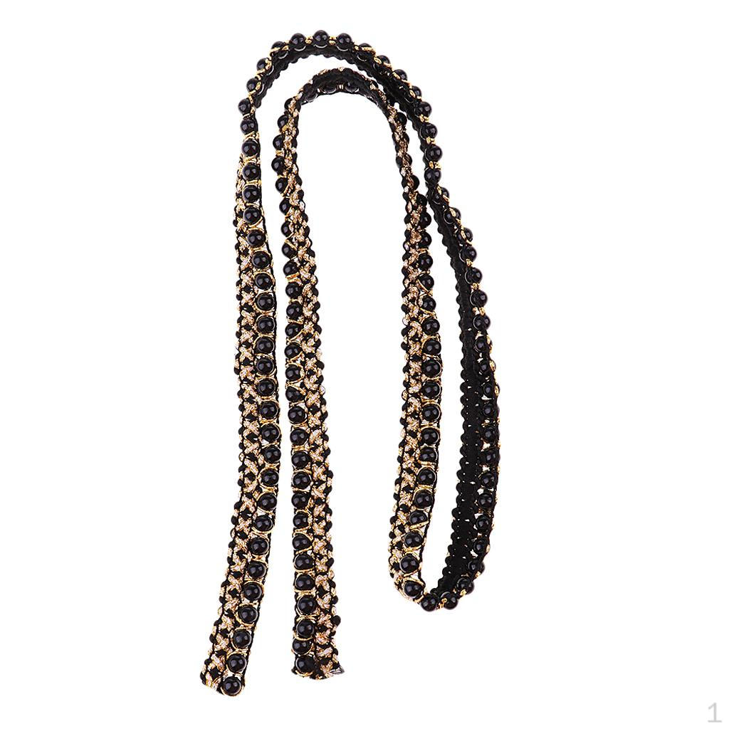 1 Yard Artificial Pearl Beaded Lace Ribbon Applique Sewing for Dress Decoration 0.59 Inch - Black