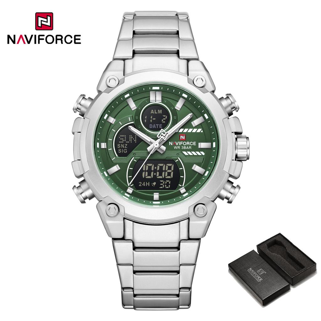 Naviforce Мужские часы с двойным временем Кварцевый механизм Цифровой ЖК-дисплей Хронограф Светящиеся стрелки Ремешок из нержавеющей стали Водонепроницаемые мужские часы NF9278